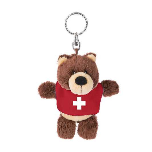 Schlüsselanhänger Bär hellbeige mit rotem T-Shirt und Schweizerkreuz